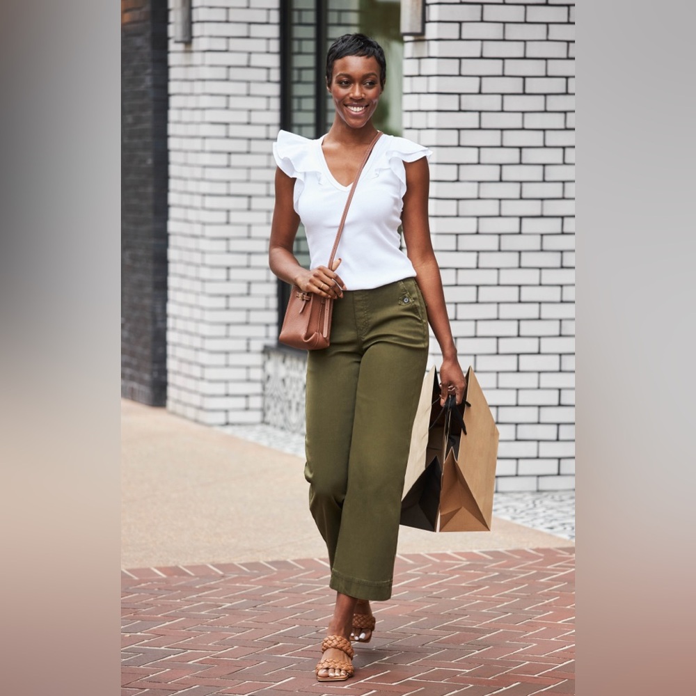 Spanx Darkened Olive Stretch Twill Cropped Wide Leg Pant Size Medium